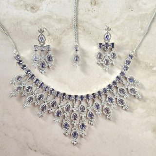 Daisy Purple CZ Diamond Simulant Necklace Set with Maang Tikka - ECLAT INDIAN JEWELSNecklace SetsPurple