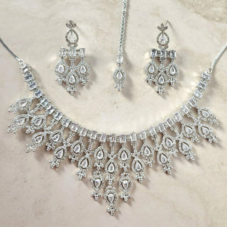 Daisy White CZ Diamond Simulant Necklace Set with Maang Tikka - ECLAT INDIAN JEWELSNecklace SetsWhite