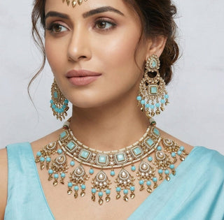 Dakota Light Blue Polki Necklace Set with Tikka - ECLAT INDIAN JEWELSNecklace SetsBlue