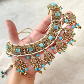 Dakota Light Blue Polki Necklace Set with Tikka - ECLAT INDIAN JEWELSNecklace SetsBlue