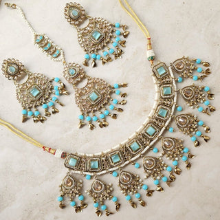 Dakota Light Blue Polki Necklace Set with Tikka - ECLAT INDIAN JEWELSNecklace SetsBlue