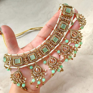 Dakota Mint Green Polki Necklace Set with Tikka - ECLAT INDIAN JEWELSNecklace SetsGreen