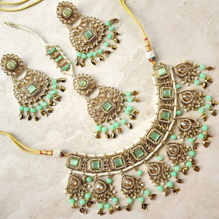 Dakota Mint Green Polki Necklace Set with Tikka - ECLAT INDIAN JEWELSNecklace SetsGreen