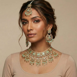 Dakota Mint Green Polki Necklace Set with Tikka - ECLAT INDIAN JEWELSNecklace SetsGreen