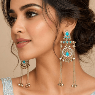 Daphne Light Blue Kashmiri Victorian Gold Finish Earrings - ECLAT INDIAN JEWELSKashmiri EarringsBlue