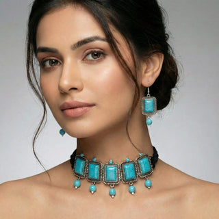 Darcey German Silver Blue Turquoise Necklace Set - ECLAT INDIAN JEWELSNecklace SetsBlue