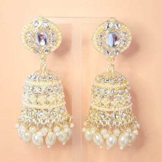 Debbie White Baahubali Kundan Jhumka Earrings (with Detachable Chains) - ECLAT INDIAN JEWELSTikka SetsWhite