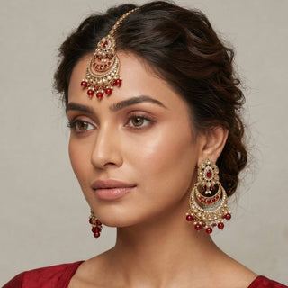 Deborah Dark Red Polki Peacock Tikka Set - ECLAT INDIAN JEWELSTikka SetsRed