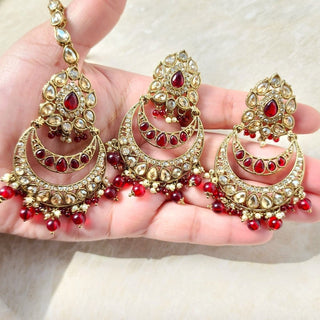 Deborah Dark Red Polki Peacock Tikka Set - ECLAT INDIAN JEWELSTikka SetsRed
