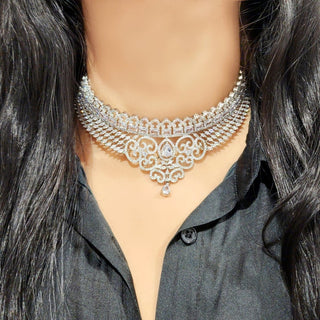 Deepika CZ Diamond Simulant Necklace Set with Tikka and Passa - Luxury Collection - ECLAT INDIAN JEWELSNecklace SetsWhite