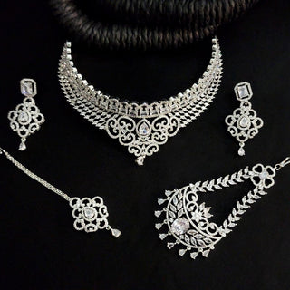 Deepika CZ Diamond Simulant Necklace Set with Tikka and Passa - Luxury Collection - ECLAT INDIAN JEWELSNecklace SetsWhite