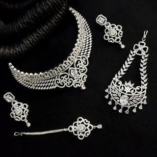 Deepika CZ Diamond Simulant Necklace Set with Tikka and Passa - Luxury Collection - ECLAT INDIAN JEWELSNecklace SetsWhite