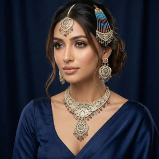 Denise Blue Jadau Multicolour Necklace Set with Maang Tikka & Passa - ECLAT INDIAN JEWELSNecklace SetsBlue