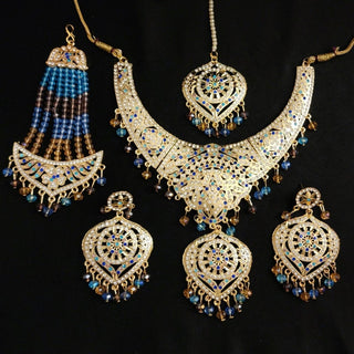 Denise Blue Jadau Multicolour Necklace Set with Maang Tikka & Passa - ECLAT INDIAN JEWELSNecklace SetsBlue