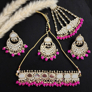 Dominique Magenta Pink Mirror Choker Set with Tikka and Passa - ECLAT INDIAN JEWELSNecklace SetsPink