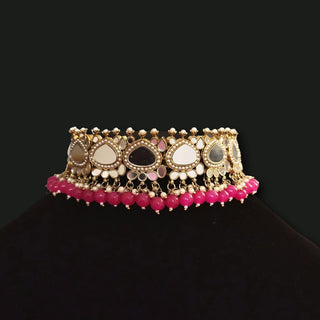 Dominique Magenta Pink Mirror Choker Set with Tikka and Passa - ECLAT INDIAN JEWELSNecklace SetsPink