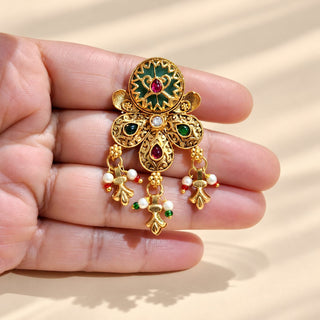 Dorothea multicolour Indian Kemp statement ring gold finish red green ornamental stones and dangling charms photo 1