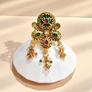 Dorothea multicolour Indian Kemp statement ring gold finish red green ornamental stones and dangling charms photo 2