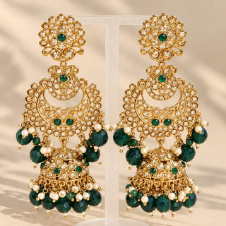 Dovey green polki jhumka earrings 9 cm long with green bead drops on jewellery stand