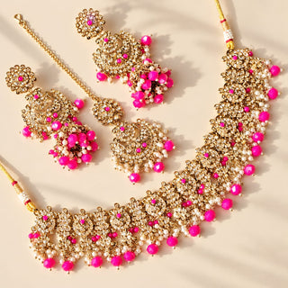 Dovey rani pink polki necklace set with matching jhumka earrings and maang tikka gold finish full jewellery set