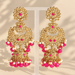 Dovey rani pink polki chandelier jhumka earrings 9 cm long with gold finish and pearl bead detailing