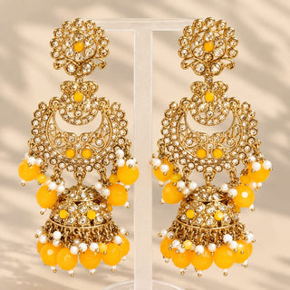 Dovey yellow polki jhumka earrings 9 cm long gold finish with yellow bead drops on jewellery stand