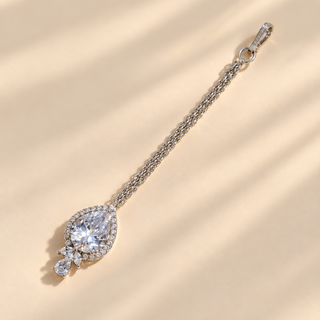 Clara CZ diamond simulant silver finish maang tikka alternate front view