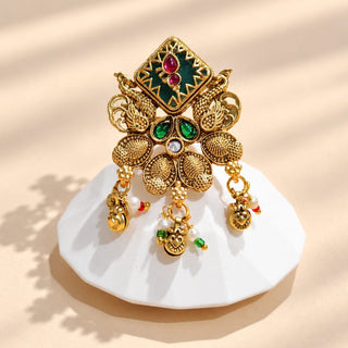 Eglantine multicolour Indian Kemp statement ring gold finish with diamond-shaped dark green centre red and green ornamental stones bird motifs and hanging charms photo 2