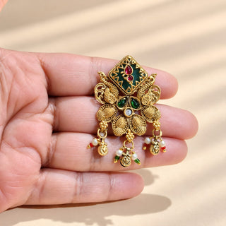 Eglantine multicolour Indian Kemp statement ring gold finish with diamond-shaped dark green centre red and green ornamental stones bird motifs and hanging charms photo 3