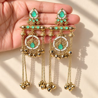 Eldora mint green Kashmiri earrings in mehndi Victorian gold finish held in hand