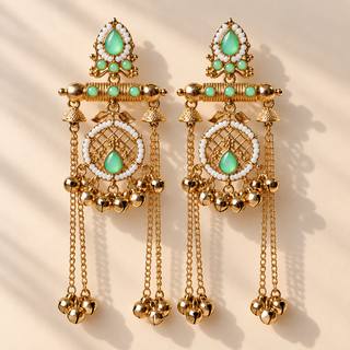 Eldora mint green Kashmiri chandelier earrings on beige background
