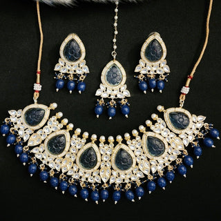 Elena Aegean Blue Kundan Necklace Set with Tikka and Carving stones - ECLAT INDIAN JEWELSNecklace SetsBlue