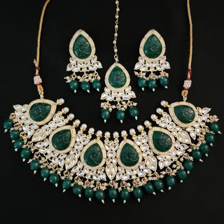 Elena Green Kundan Necklace Set with Tikka and Carving stones - ECLAT INDIAN JEWELSNecklace SetsGreen