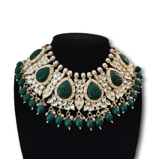 Elena Green Kundan Necklace Set with Tikka and Carving stones - ECLAT INDIAN JEWELSNecklace SetsGreen