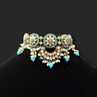 Eliana Light Blue Mirror Choker Necklace Set with Tikka - ECLAT INDIAN JEWELSNecklace SetsBlue