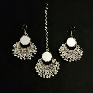 Eliana Oxidised Silver Mirror Tikka Set - ECLAT INDIAN JEWELSTikka SetsOxidised Silver