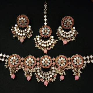 Eliana Peach Mirror Choker Necklace Set with Tikka - ECLAT INDIAN JEWELSNecklace SetsPeach