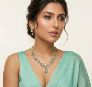 Ella Mint Green CZ Diamond Simulant Necklace Set - ECLAT INDIAN JEWELSNecklace SetsGreen