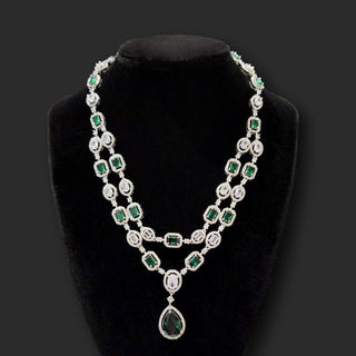 Elodie Green CZ Diamond Simulant Double Layer Necklace Set - ECLAT INDIAN JEWELSNecklace SetsGreen