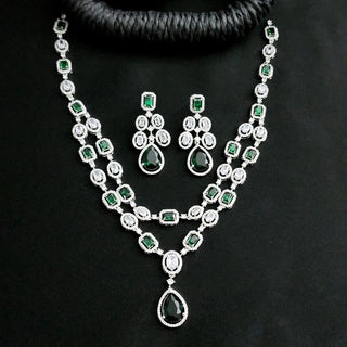 Elodie Green CZ Diamond Simulant Double Layer Necklace Set - ECLAT INDIAN JEWELSNecklace SetsGreen