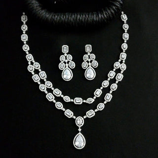 Elodie White CZ Diamond Simulant Double Layer Necklace Set - ECLAT INDIAN JEWELSNecklace SetsWhite