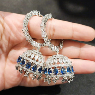 Elsa Dark Blue CZ American Diamond Bali Jhumki - ECLAT INDIAN JEWELSEarringsBlue