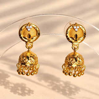 Elspeth gold CZ cubic zirconia mini jhumka earrings 2 cm on stand