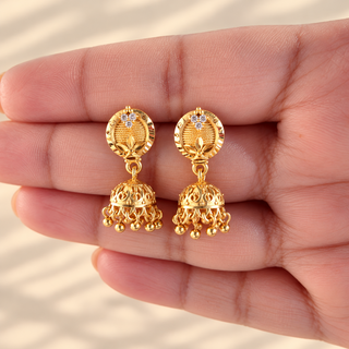 Elspeth gold mini jhumki earrings with floral stud and ghungroo in hand