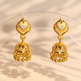 Elspeth gold CZ diamond mini jhumka earrings with leaf shaped stud and gold ghungroo drops