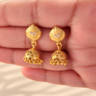 Elspeth 2 cm gold mini jhumki earrings with cubic zirconia style stones photographed in hand
