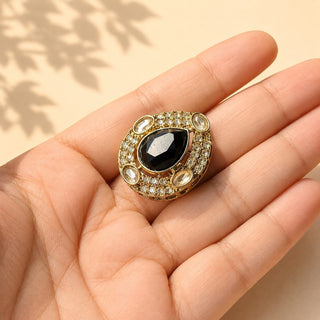 Elysia Black Polki Victorian Gold Finish Adjustable Ring - ECLAT INDIAN JEWELSRing JewelleryBlack
