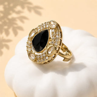 Elysia Black Polki Victorian Gold Finish Adjustable Ring - ECLAT INDIAN JEWELSRing JewelleryBlack