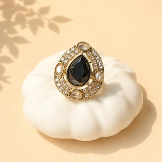 Elysia Black Polki Victorian Gold Finish Adjustable Ring - ECLAT INDIAN JEWELSRing JewelleryBlack
