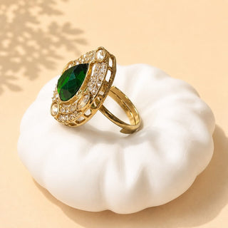 Elysia Green Polki Victorian Gold Finish Adjustable Ring - ECLAT INDIAN JEWELSRing JewelleryGreen